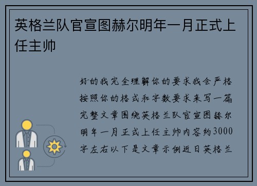 英格兰队官宣图赫尔明年一月正式上任主帅